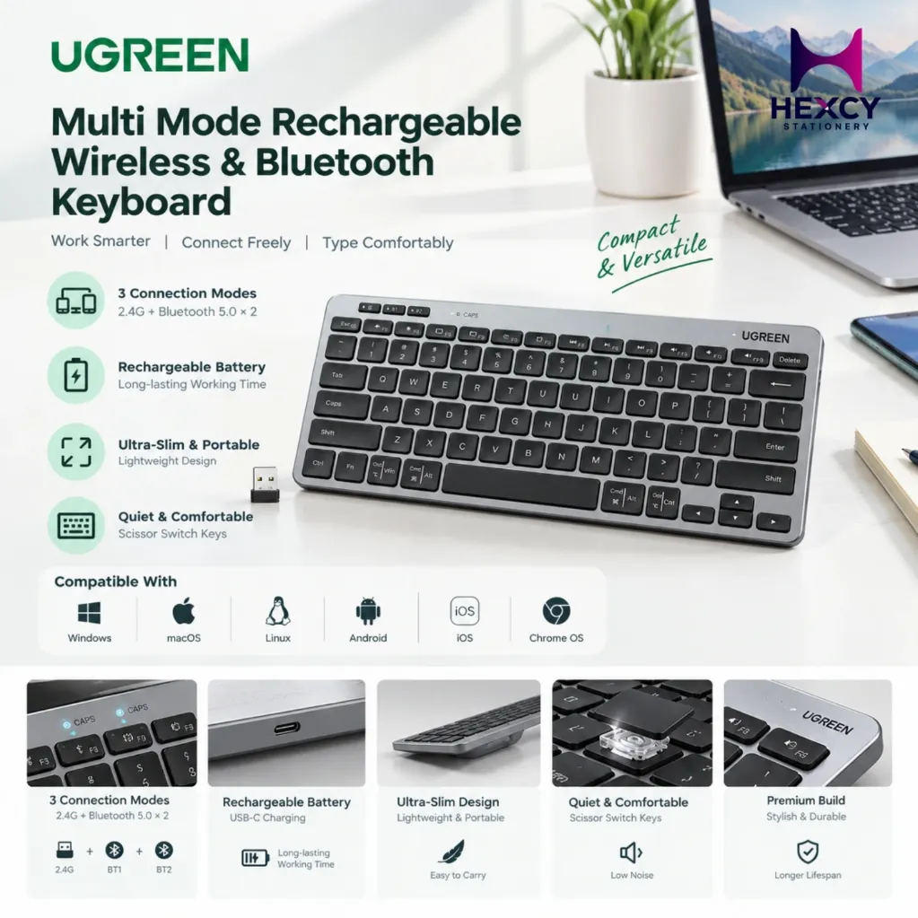[K552 Black] UGREEN Multi Mode Rechargeable Wireless & Bluetooh Keyboard