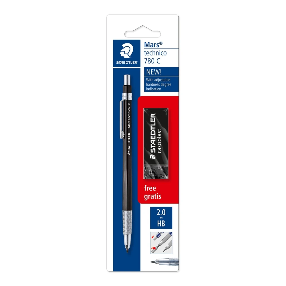 [780 C BKP6] STAEDTLER Lead Holder for Maltecnico 2mm Black Razoplast Black with Eraser