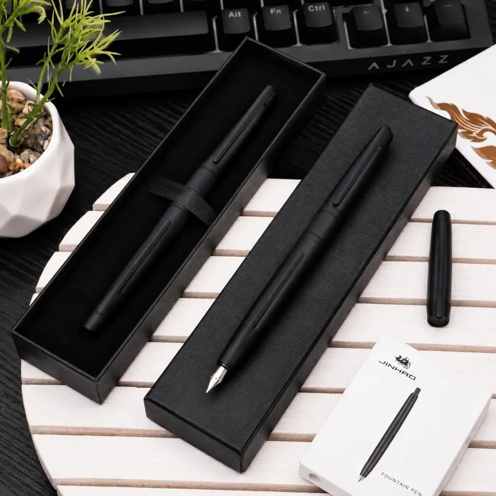 Jinhao 20 Press Pen Matte Black Retractable Fine Point Ink Converter Set (Black Clip)