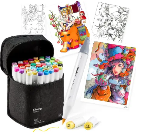 [Y30-80401-62] Ohuhu Honolulu B Series Marker Pen, Brush Type, 49 Pieces, Professional Use, Basic Colors, Illustration Markers, Brush & Fine Point, 1 Blender Pen
