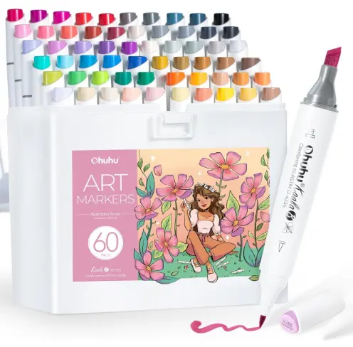 [Y30-80402-75] Ohuhu Kaala B Series Illustration Markers, Mini Brush Type, Bold Font 60 Colors, Alcohol Markers